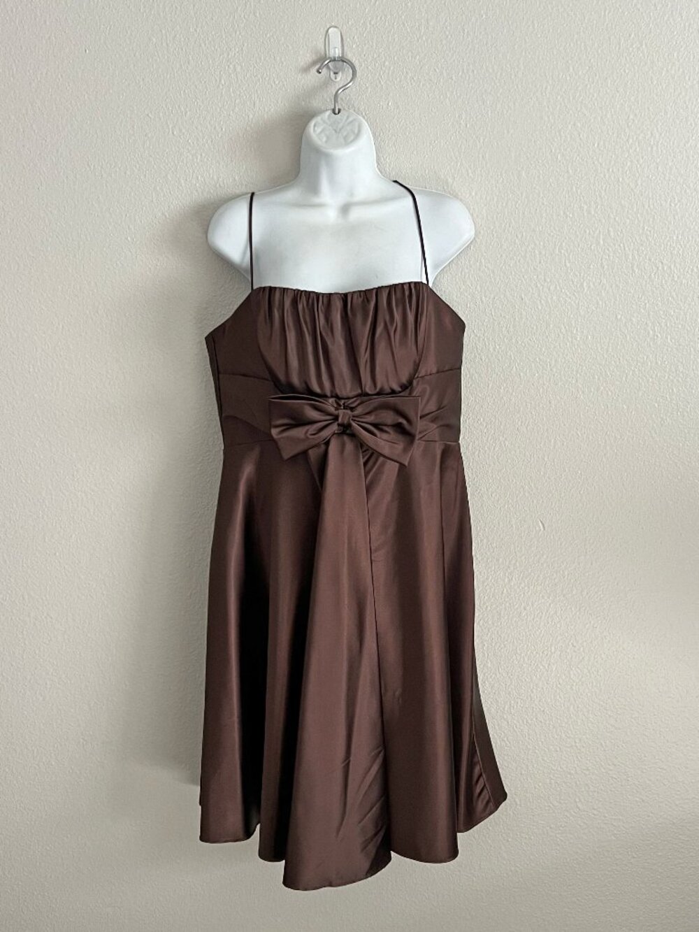 90s Jessica McClintock Chocolate Brown Satin Bow Mini Dress Formal Cocktail Sz L